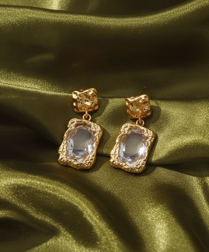 Molten Gold Earrings Hammered Crystal Clear Artisan VTG Fairycore Liquid Boho