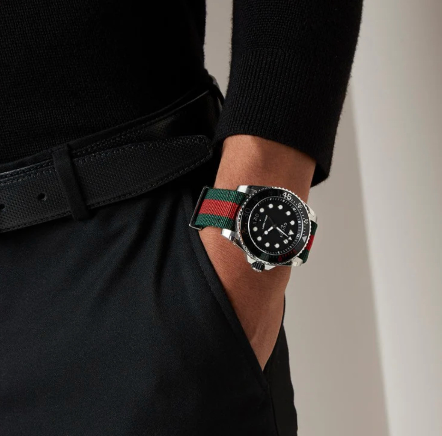Gucci Dive Black Dial Green Red Nylon Watch YA136209