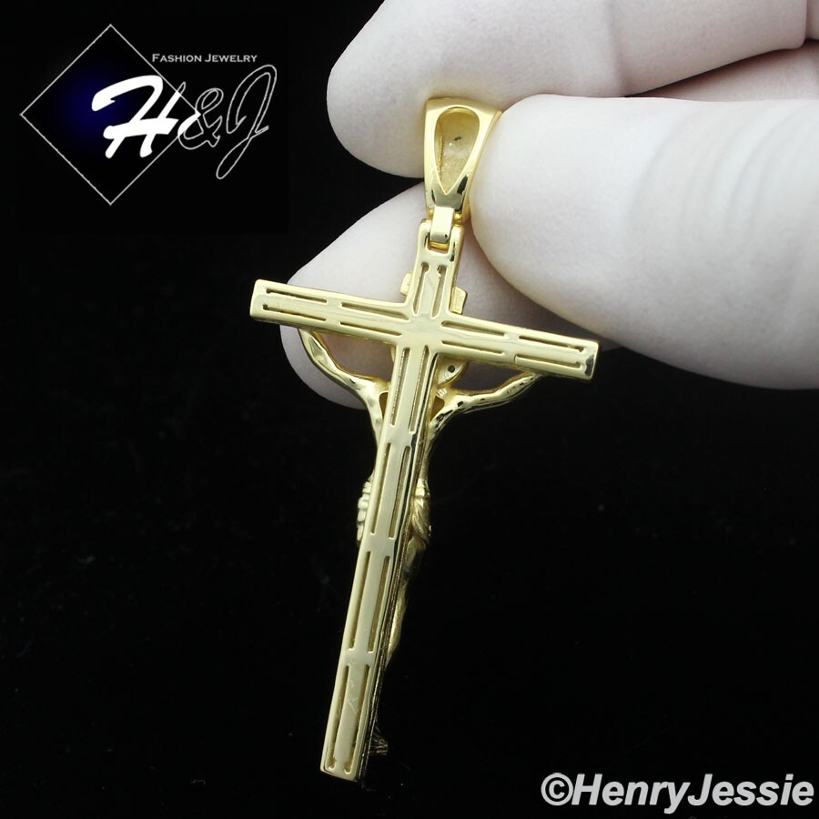 MEN 925 STERLING SILVER 3D GOLD PLATED JESUS CHRIST CROSS CRUCIFIX PENDANT*GP423