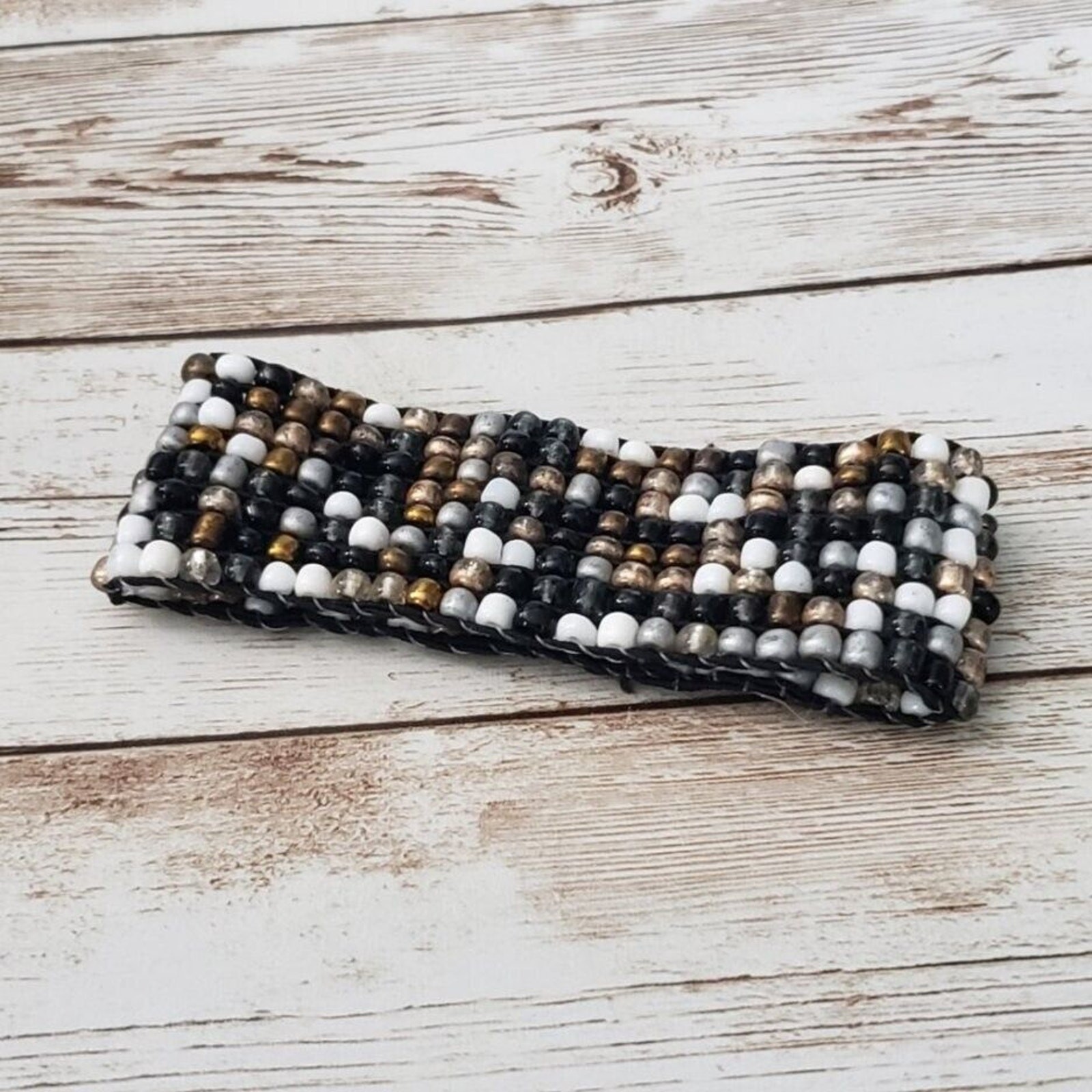 Vintage Beaded Bracelet Black, White & Brown Tones. Wide Chunky Statement
