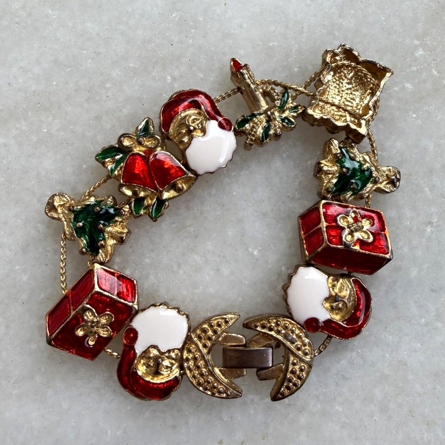 Gold Tone Enamel Christmas Holiday Charm Bracelet Red Green White Box Clasp