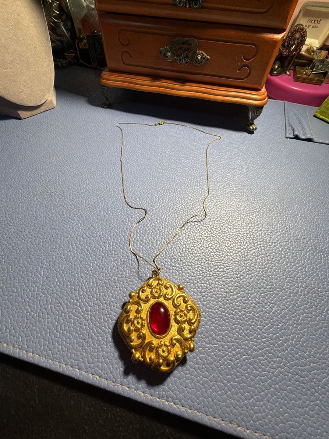 Revlon Intimate Solid Perfume Locket Necklace with Red Cabochon