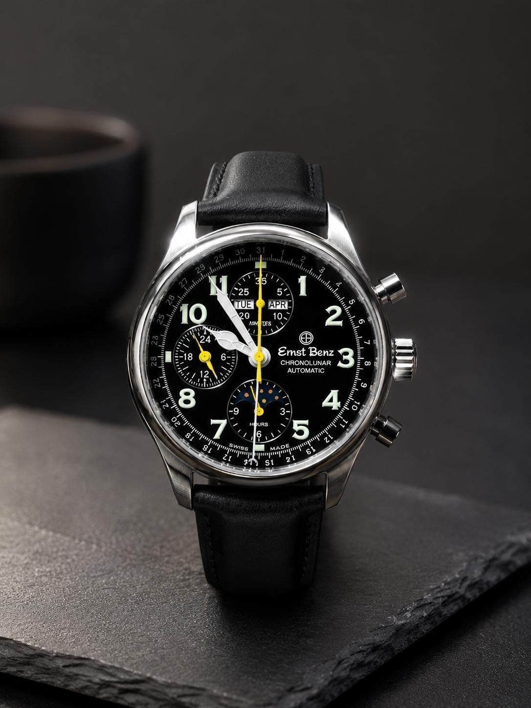 Ernst Benz Chronolunar Automatic Black Dial Leather Strap Watch Swiss