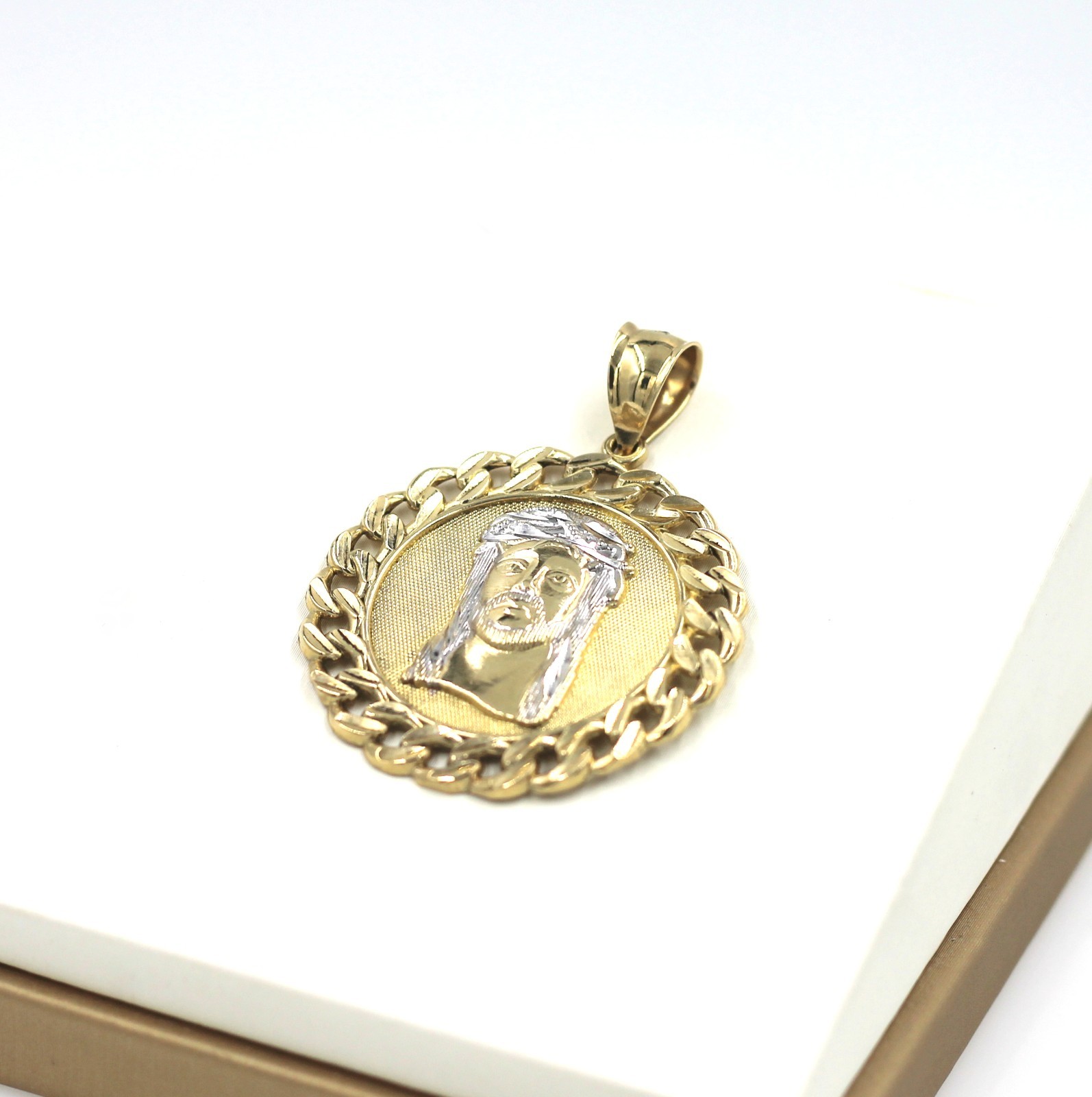 10K Gold Textured Round Jesus Head Medallion Cuban Link Border Pendant 48mm 6.3g