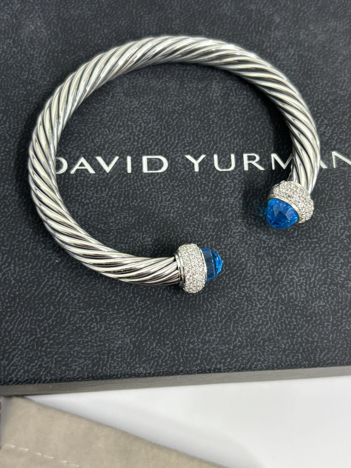 David 7mm Candy Cable Bracelet Silver & Diamonds Blue Topaz Size Medium