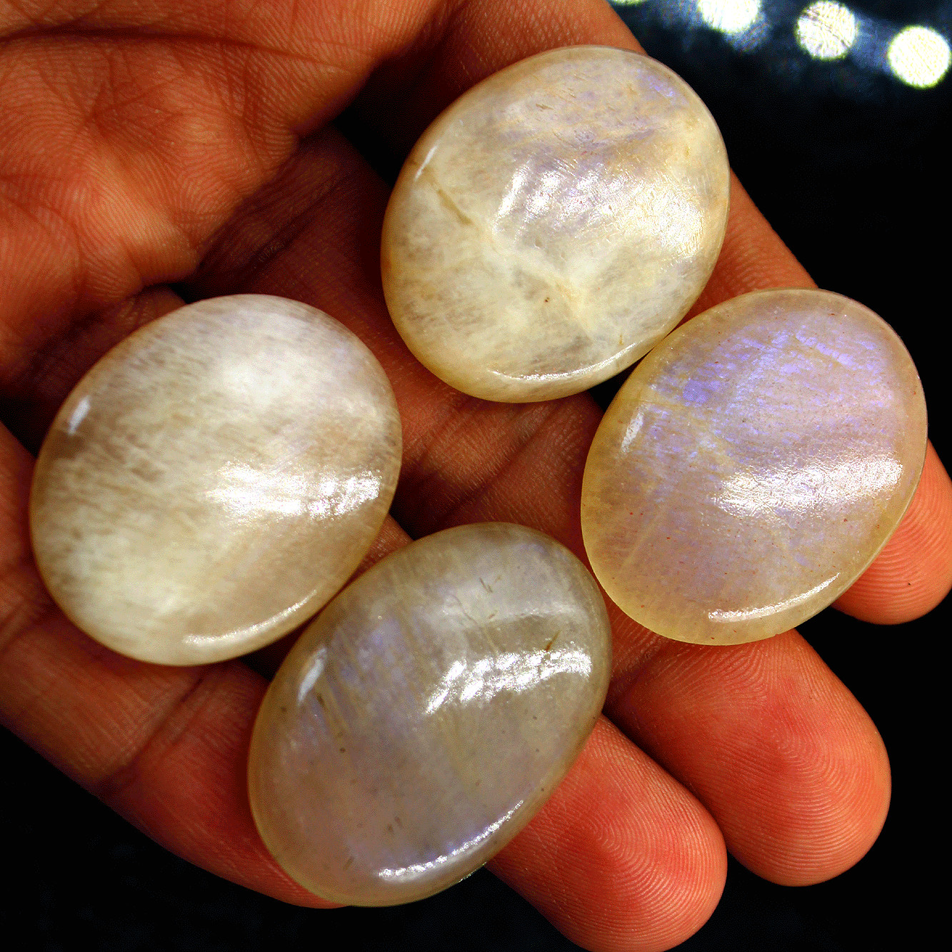 4 Pcs Natural Blue Shine Rainbow Moonstone 33mm-35mm Oval Cabochon Gemstones Lot