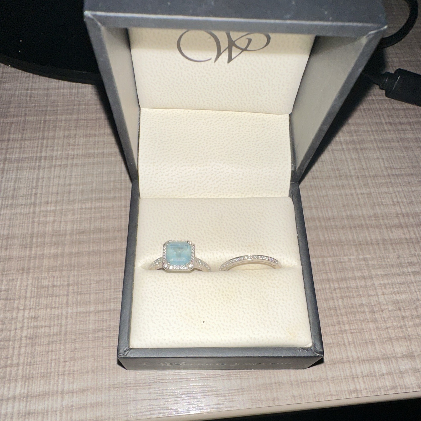 Tacori Platinum Aquamarine Blue Engagement & Wedding Ring Set Size 7