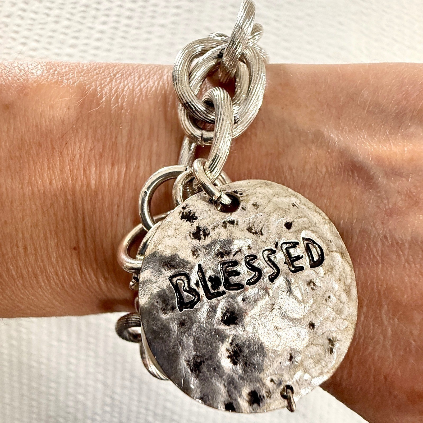 Atelier Charm Bracelet 8 Inch Silver Tone Blessed Disc Faux Pearl Jewelry