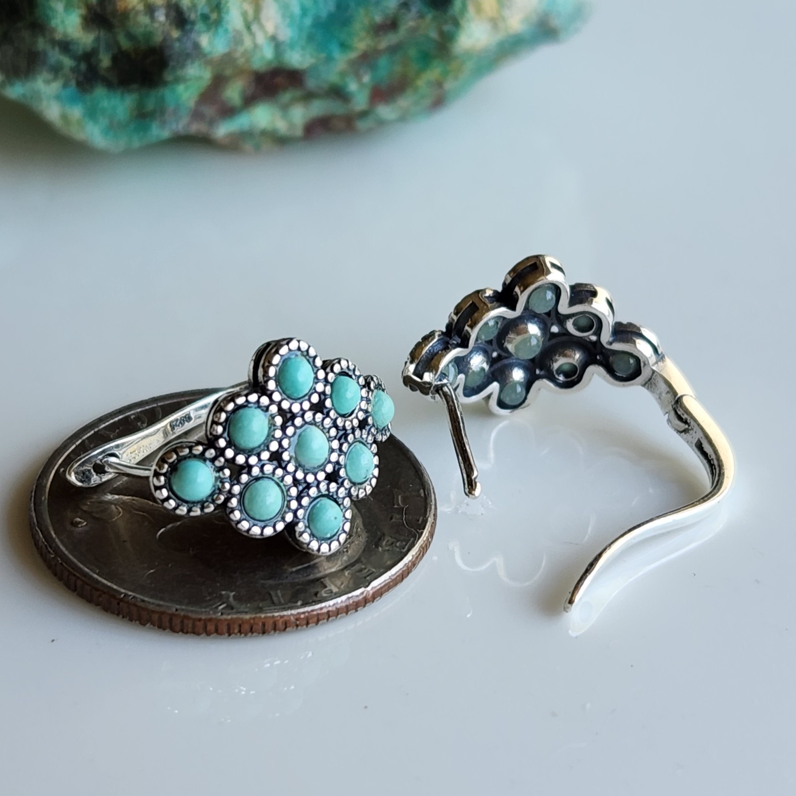 Solid 925 Silver Natural Turquoise Cluster English Lock Hoop Stud 3/4” Earrings