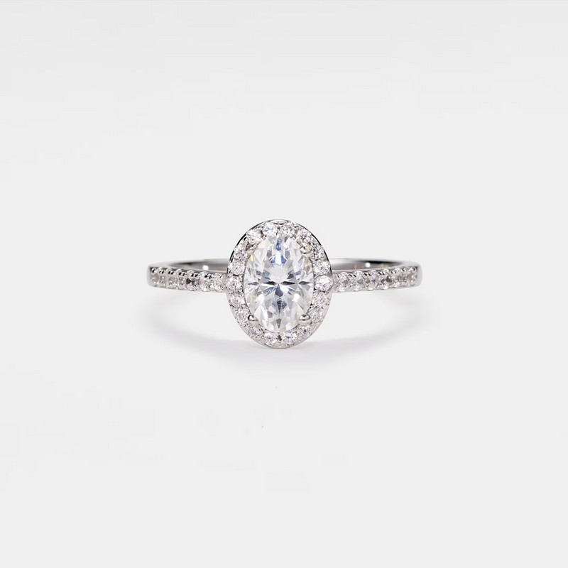 Oval Moissanite Halo Engagement Ring in 925 Sterling Silver