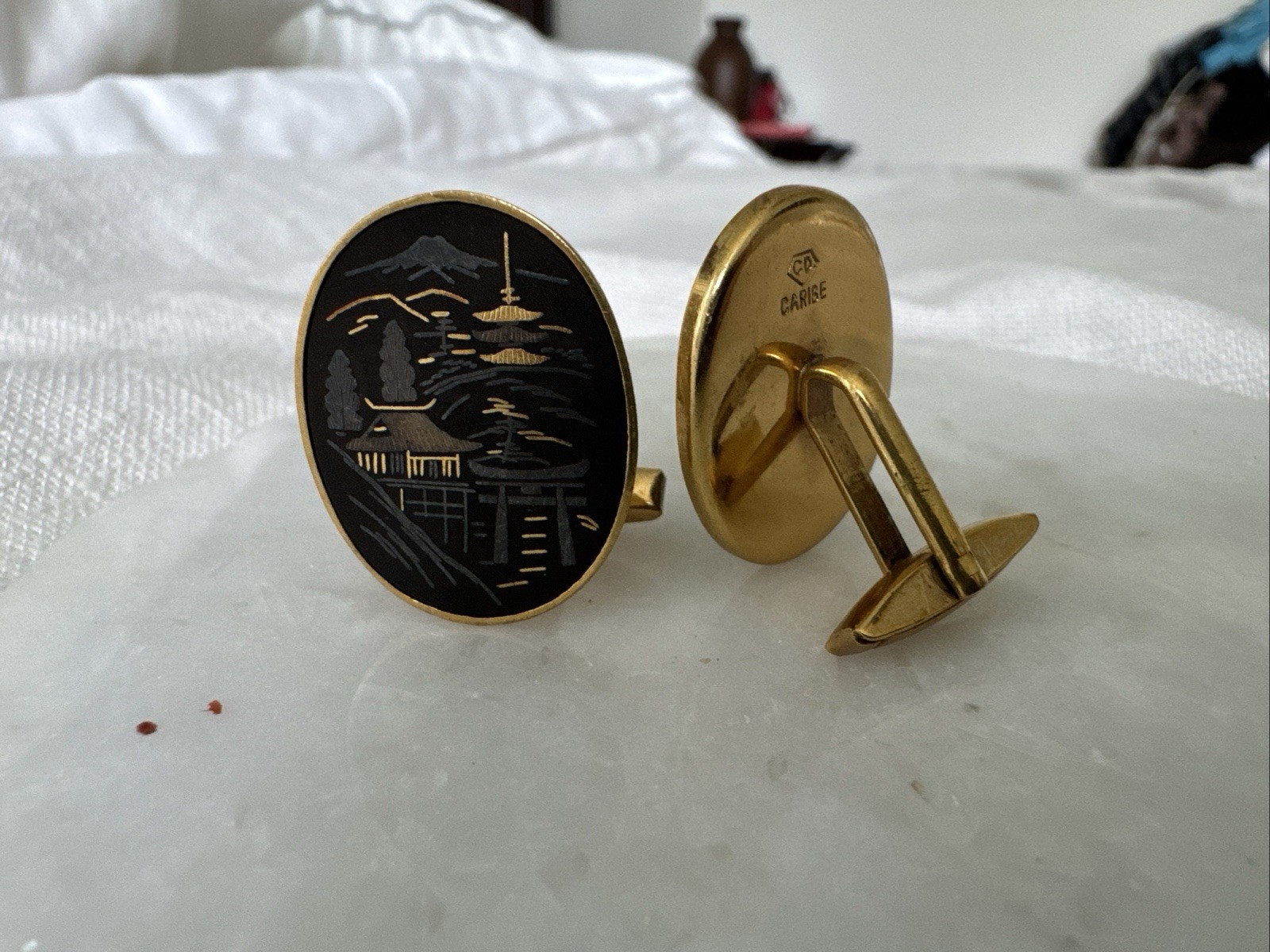 Vintage Sterling Silver Japanese Damascene Cufflinks Pagoda Mt. Fuji Japan 950