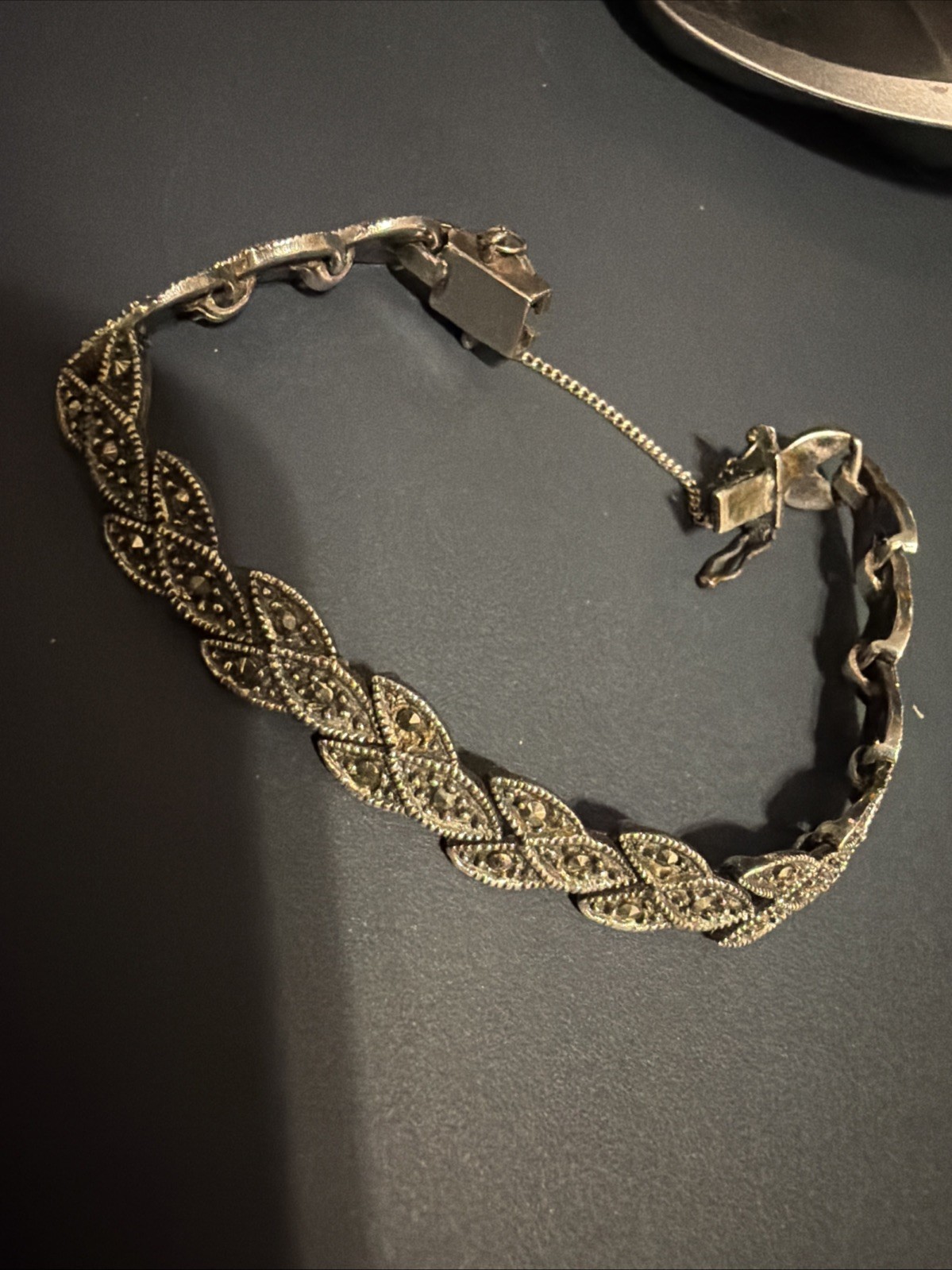 925 Sterling Silver Marcasite Bracelet Scroll Work Chain Bracelet