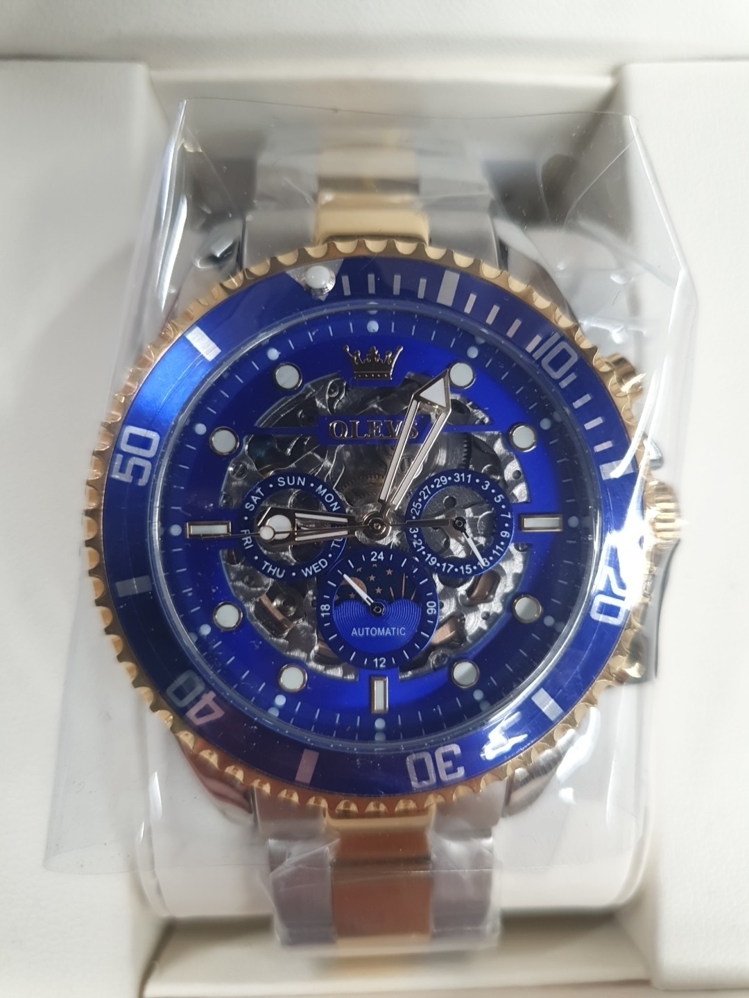 OLEVS Skeleton Men’s Automatic Mechanical Watch, Big Dial, Moon Phase, Day Date