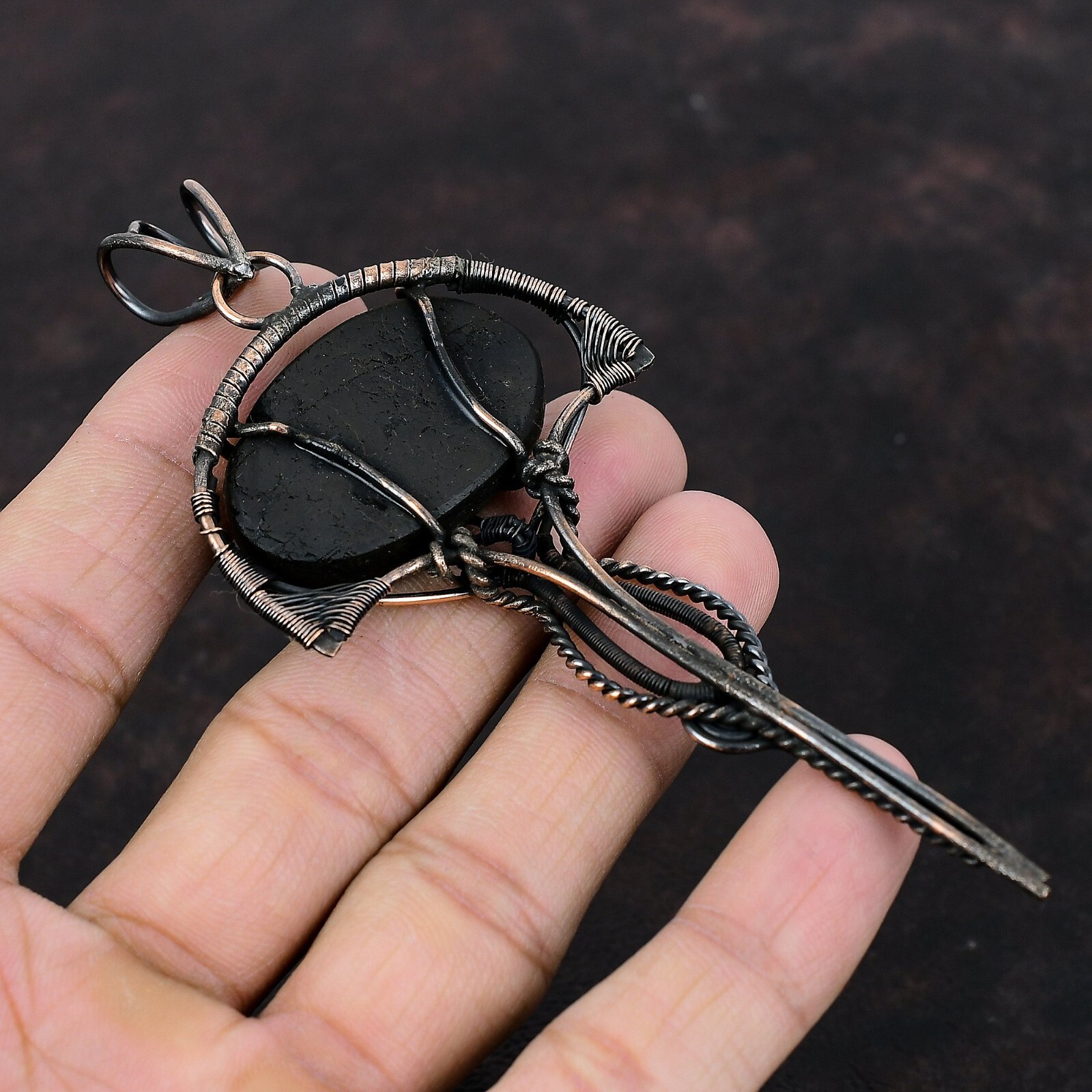 Black Tourmaline Rough Wire Wrapped Pendant Handcrafted Copper Gift 4.72″