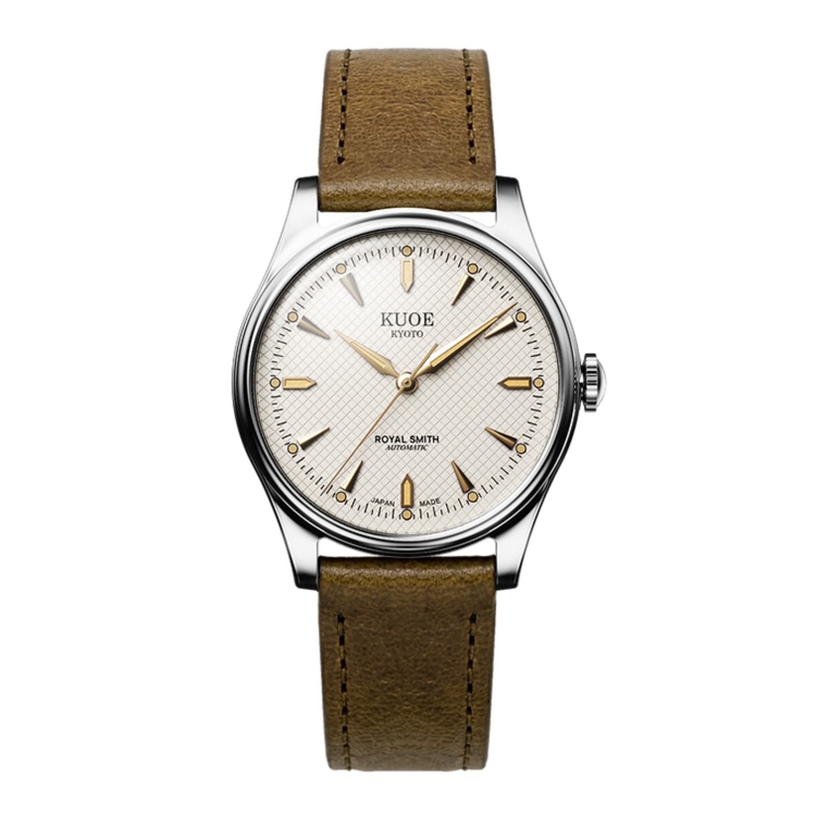 Kuoe Royal Smith 90-006 Automatic Silver Watch Men Ivory Waffle Dial Green Strap