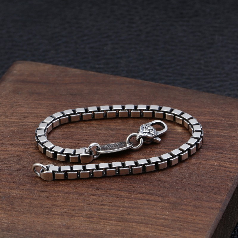Men’s 925 Sterling Silver Venetian Box Chain Bracelet 4mm Square Link 7.87in