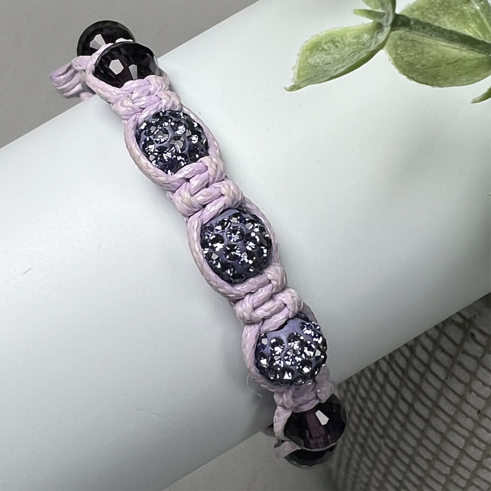 Shamballa Bracelet Set Crystal Pave Beads Macrame Purple & Black Adjustable Pair