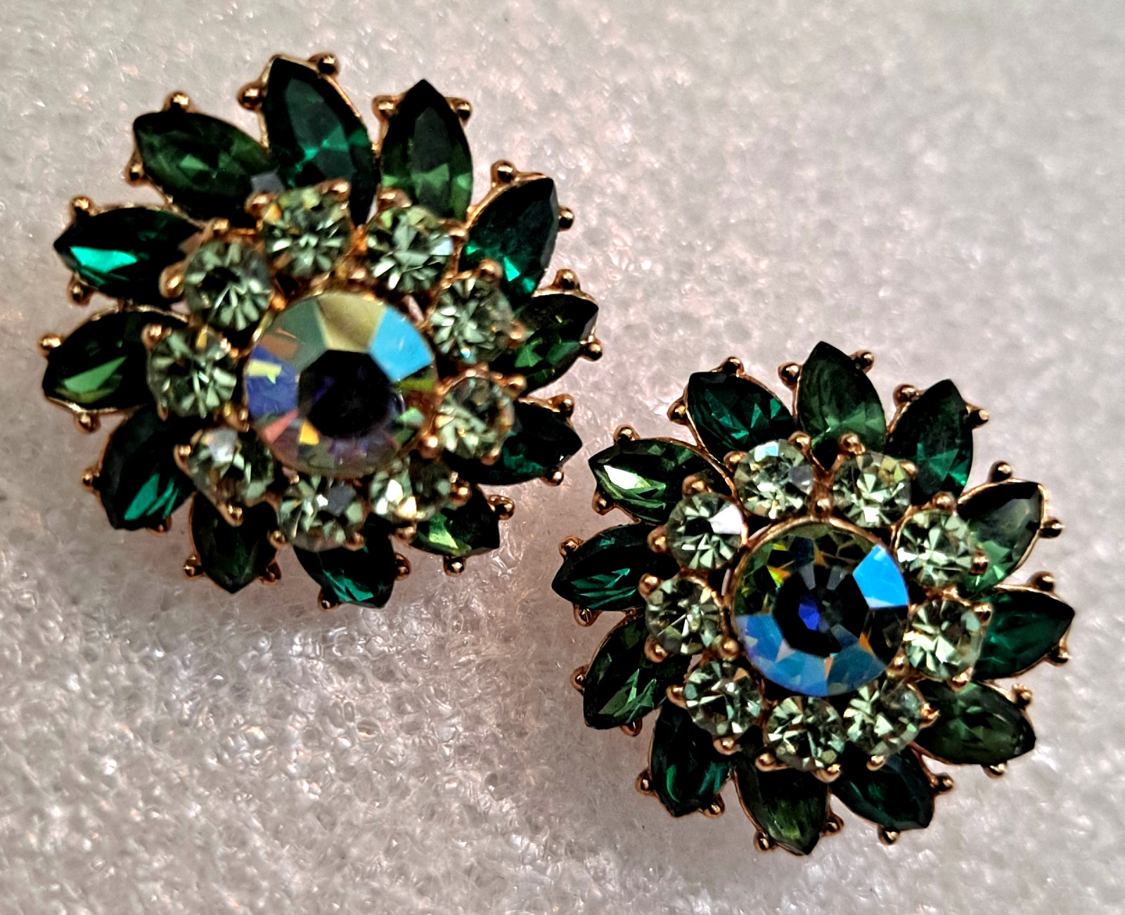 Trifari Rich Green Ira Desert Rhinestone & Aurora Borealis Clip Earrings