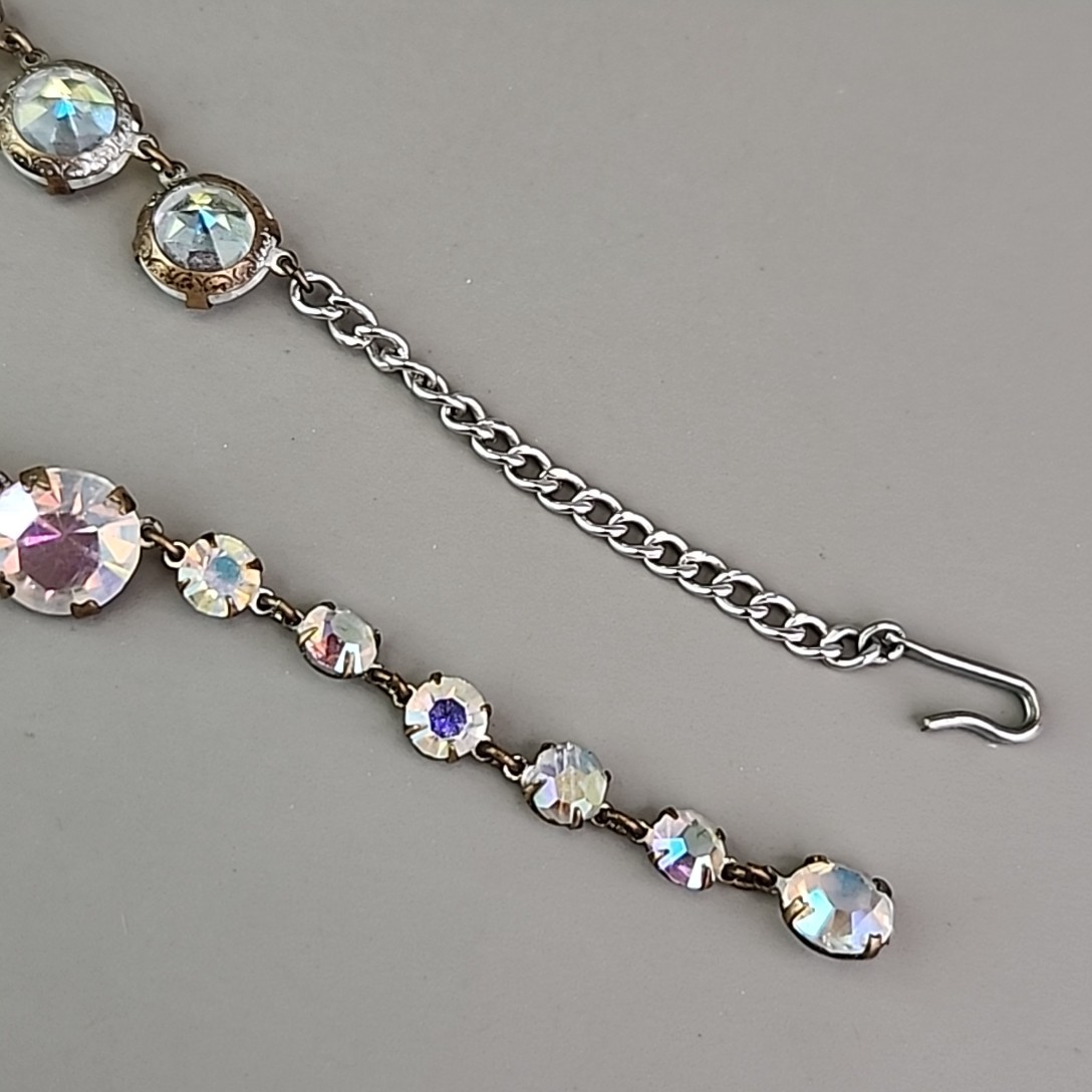 Vintage Open Bezel Necklace Aurora Borealis Round Linked Beads 17″