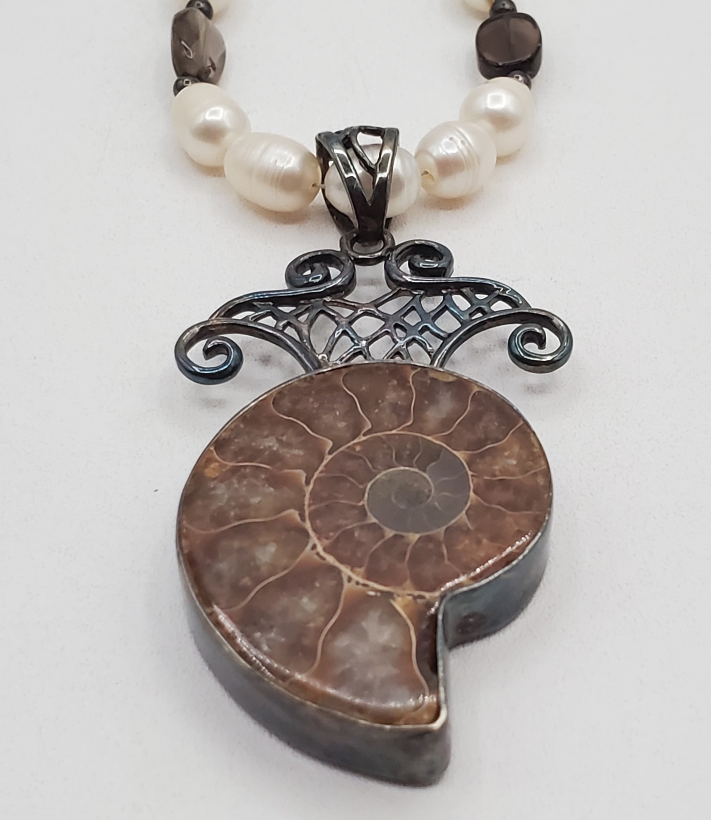 VTG 925 Ammonite Fossil Pendant Pearl Glass 16in Necklace Sterling Silver 40gtw