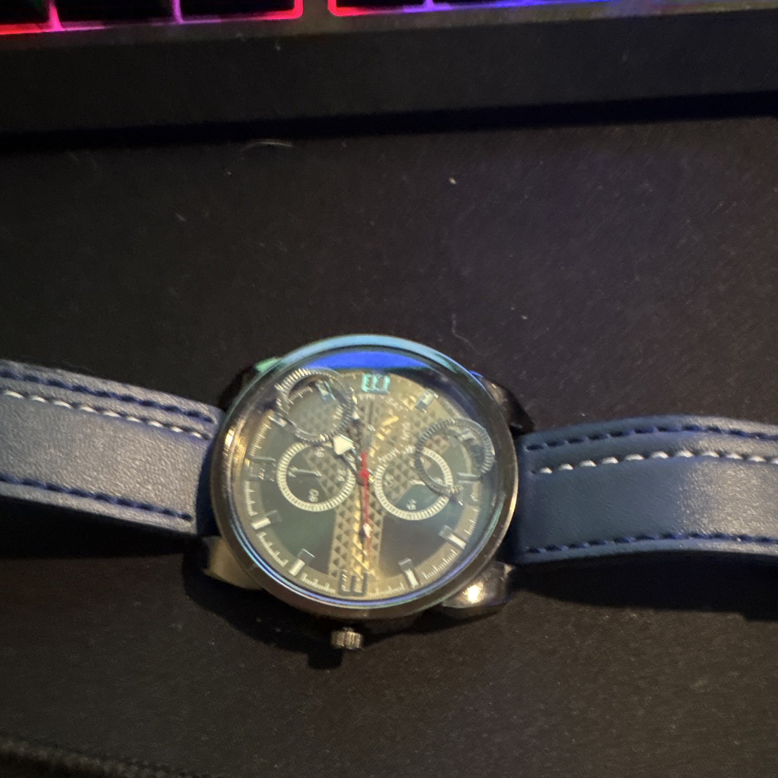 Chronograph Analog Wristwatch Black Dial/Case, Blue Leather Two-Piece Strap
