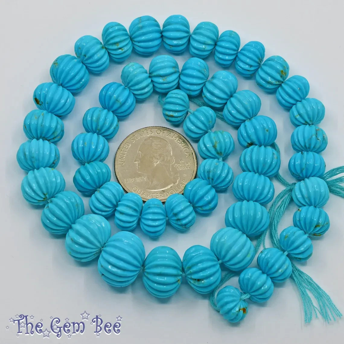 10.3MM-16MM Kingman Turquoise Hand Carved Melon Fluted Rondelle Bead 16.5 inch
