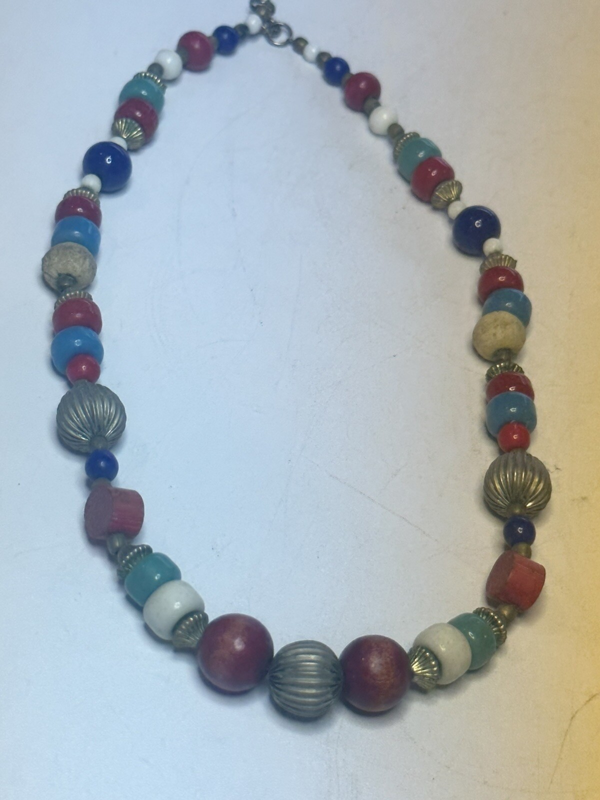 Patriotic Wood Plastic And Metal Beaded 15” Necklace