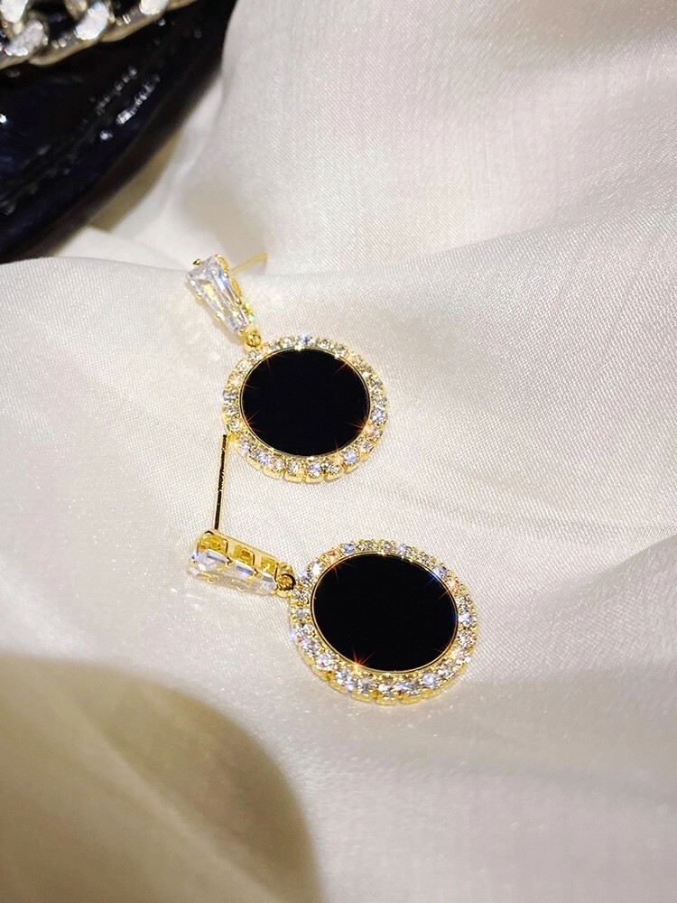 S925 Silver Needle Korean Black Round Rhinestone Earrings Ear New Fashion