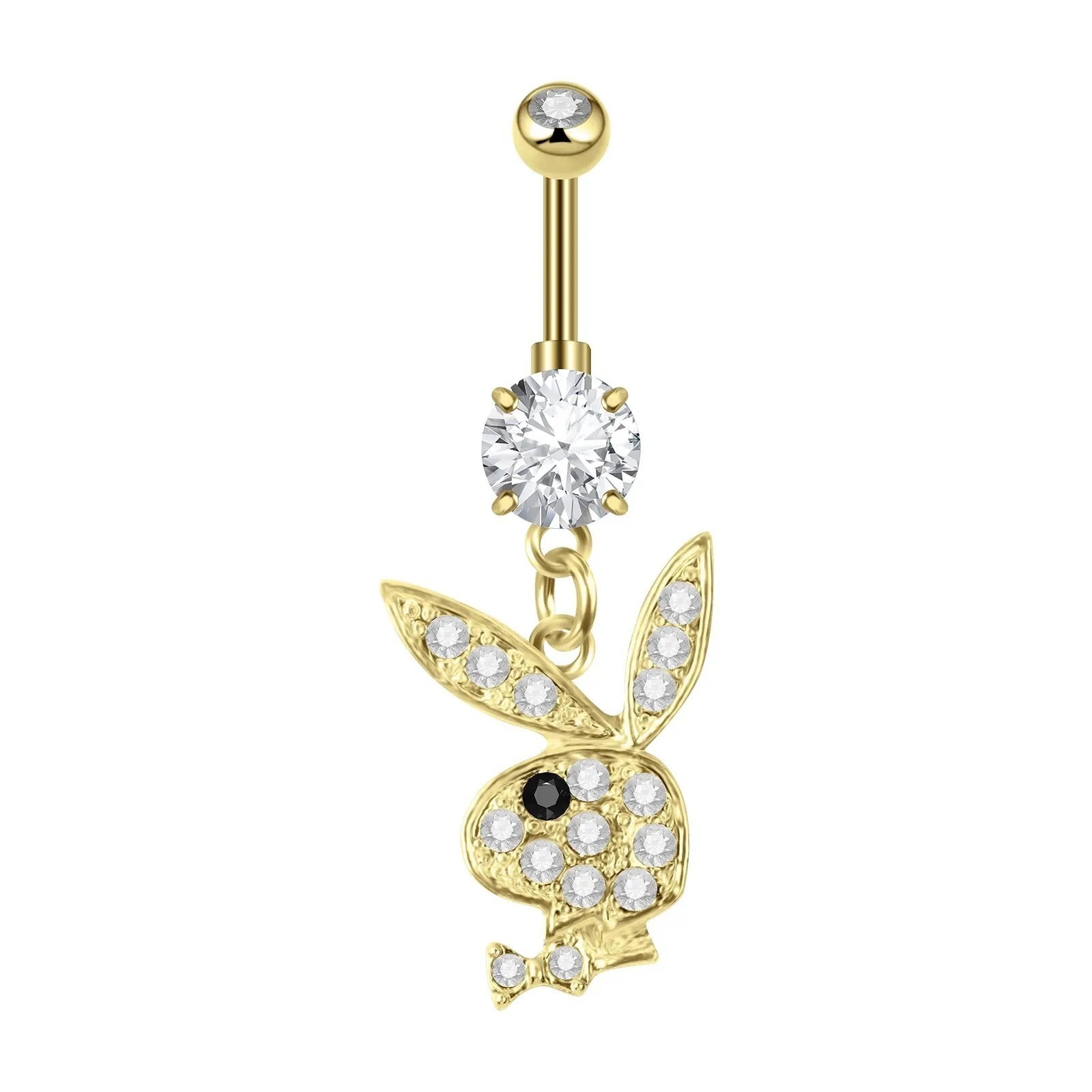 Bunny Dangle Belly Button Ring 14G Gold-Tone Crystal CZ Navel Piercing