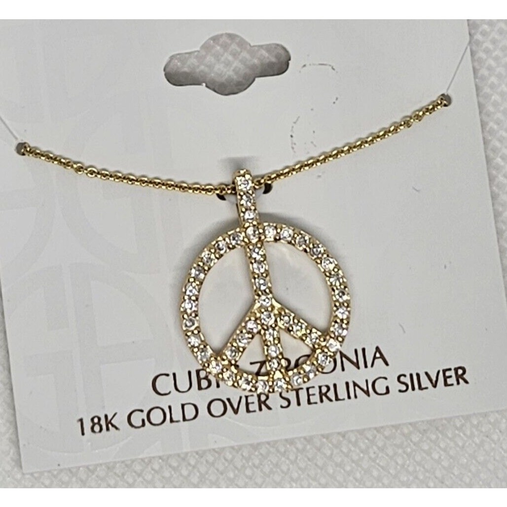 18K Gold Vermeil Necklace Peace Pendant CZ Women’s Fashion Stylish Chic NWT