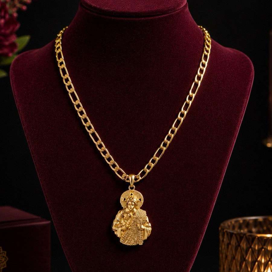 Luxe Gold Yellow Gold Plated Figaro Chain Religious Round Charm 24in