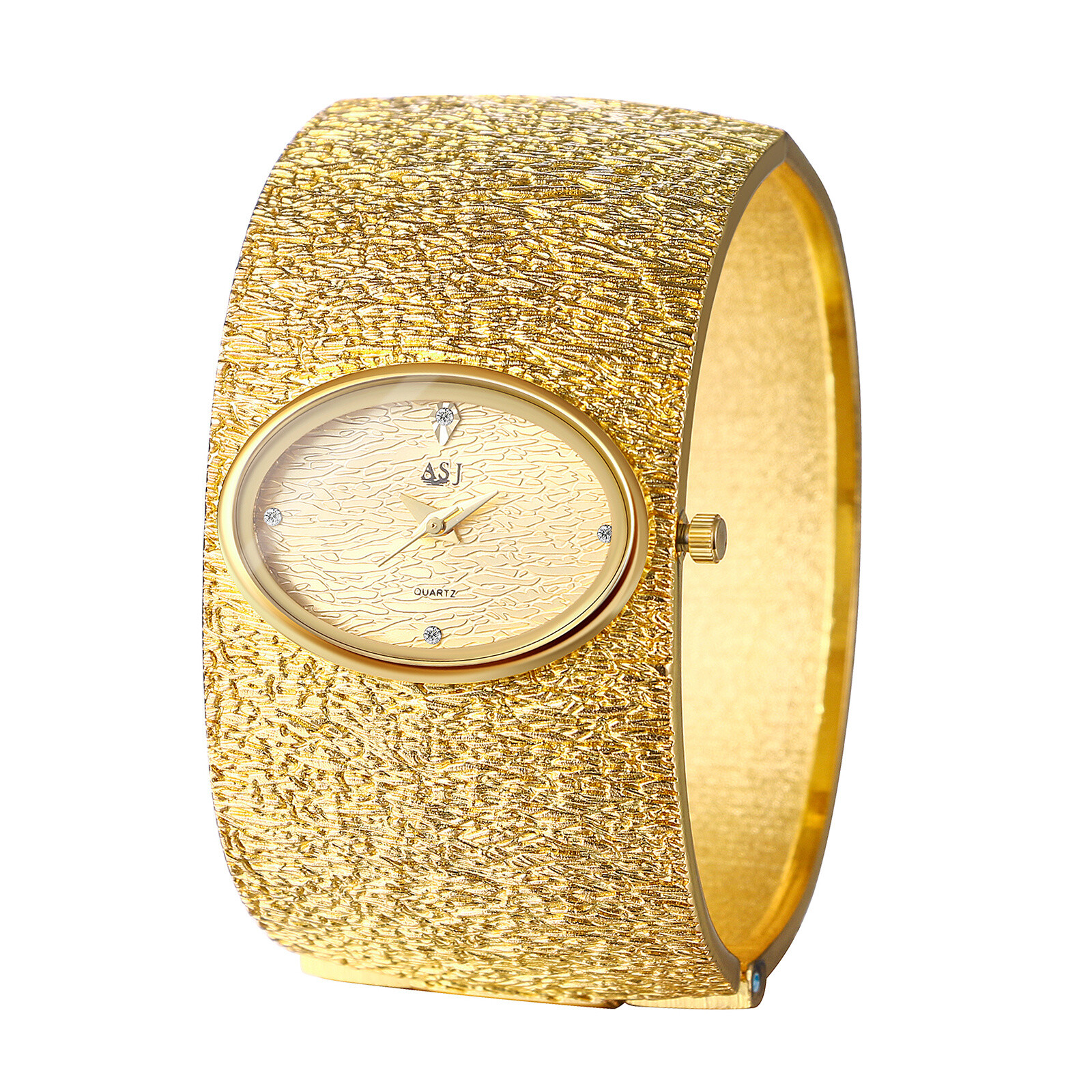 Womens Luxury Gold Chunky Bangle Retro Oval CZ Dial Analog Dress Cuff Wristwatch