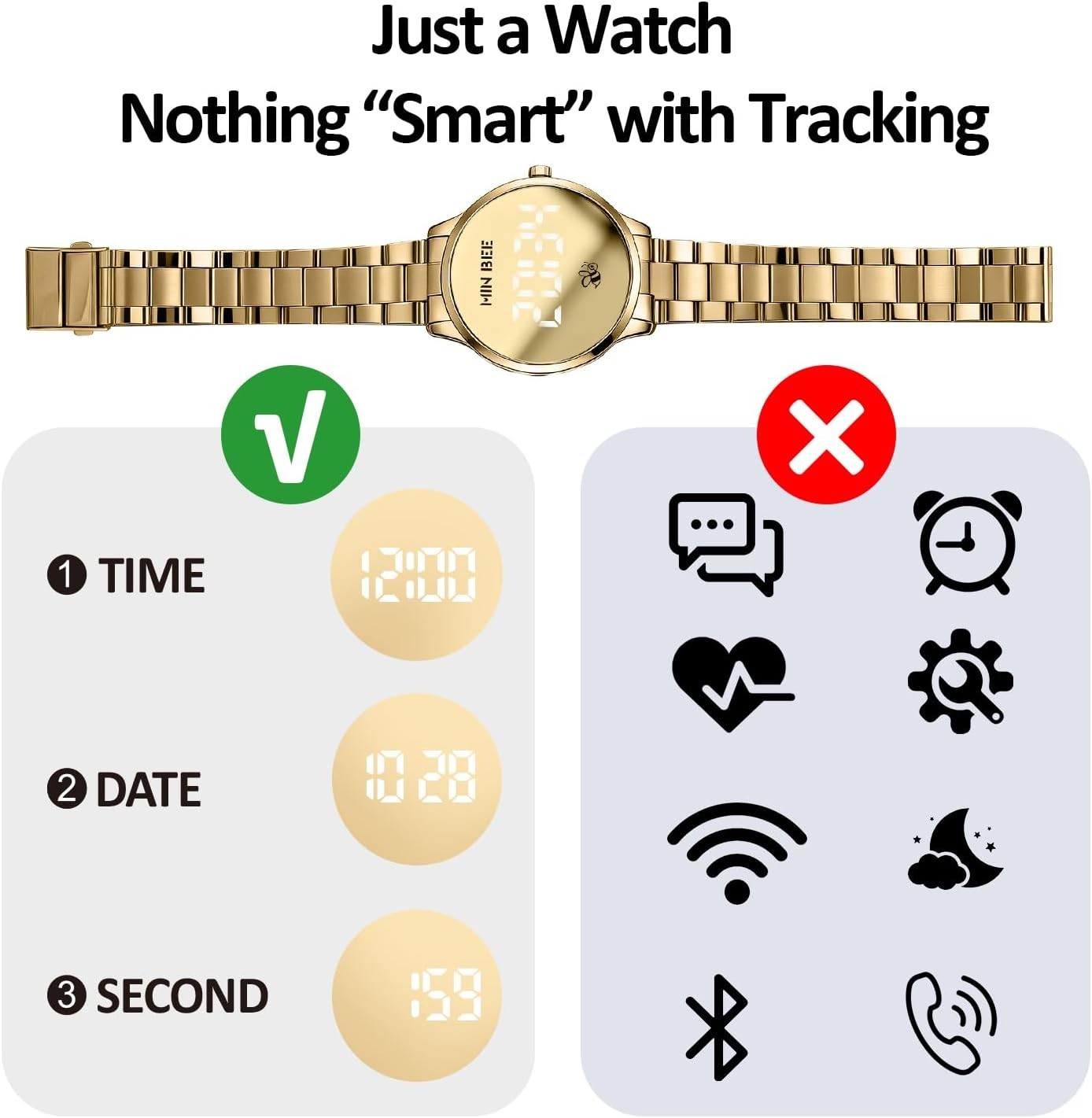 Stylish 40mm Digital Watch – Large Display, Adjustable Stainless Steel Band