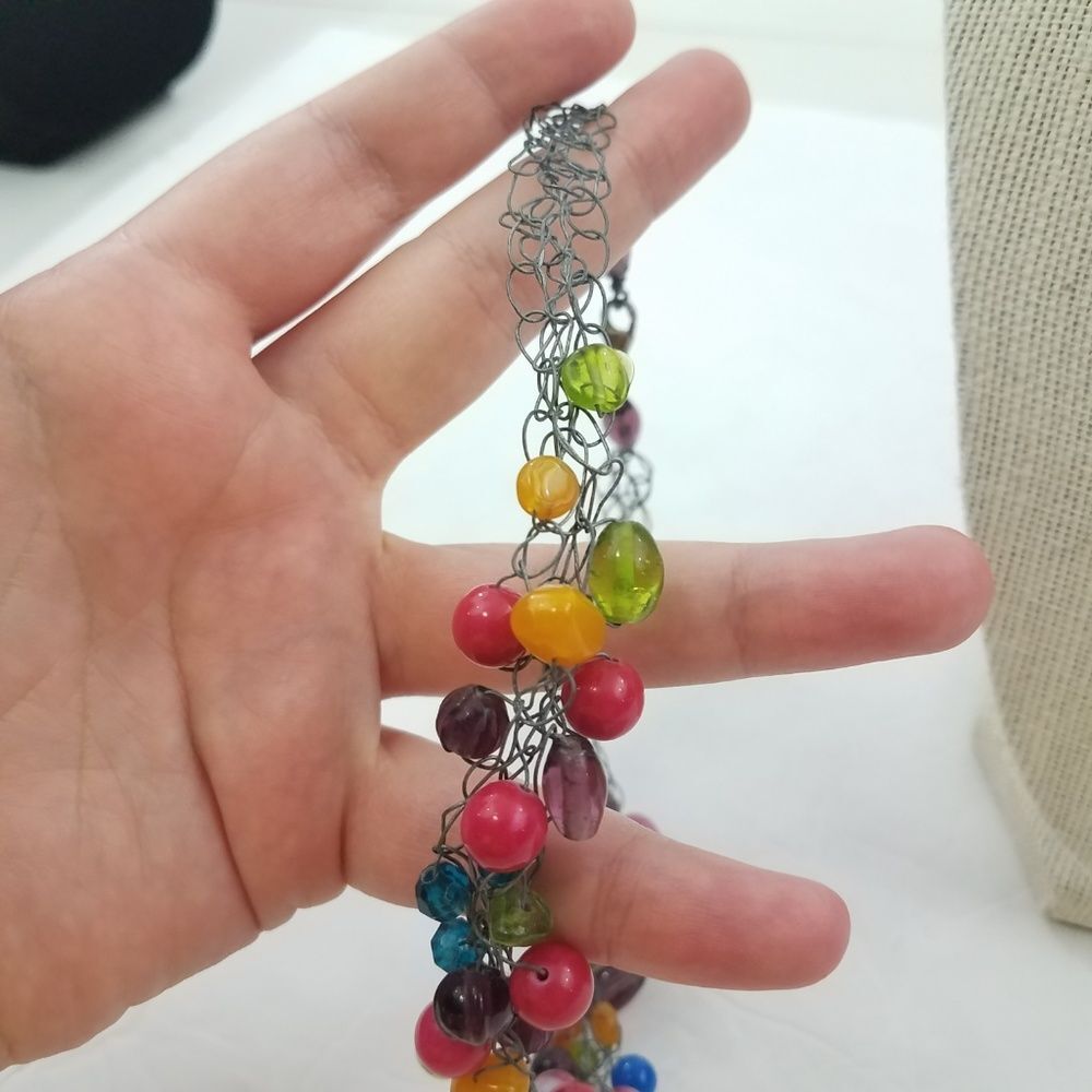 Wire Wrap Beaded Necklace Rainbow Blue 16 inch Pink Purple Green