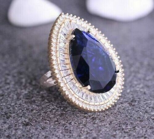 4.50 CT Pear cut Blue Sapphire & CZ Double Halo Wedding & Engagement Silver Ring