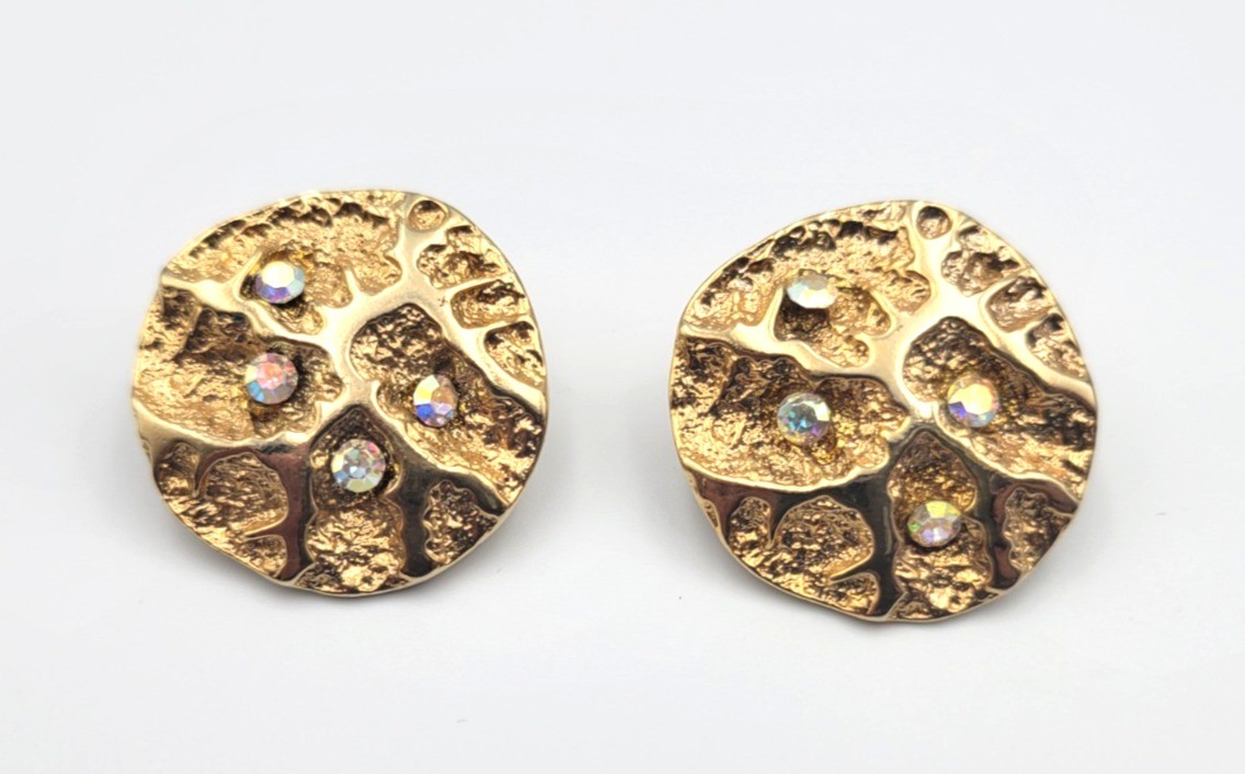 Gold Tone Disc Button Style Clip on Earrings AB Bead Accents Organic Texture