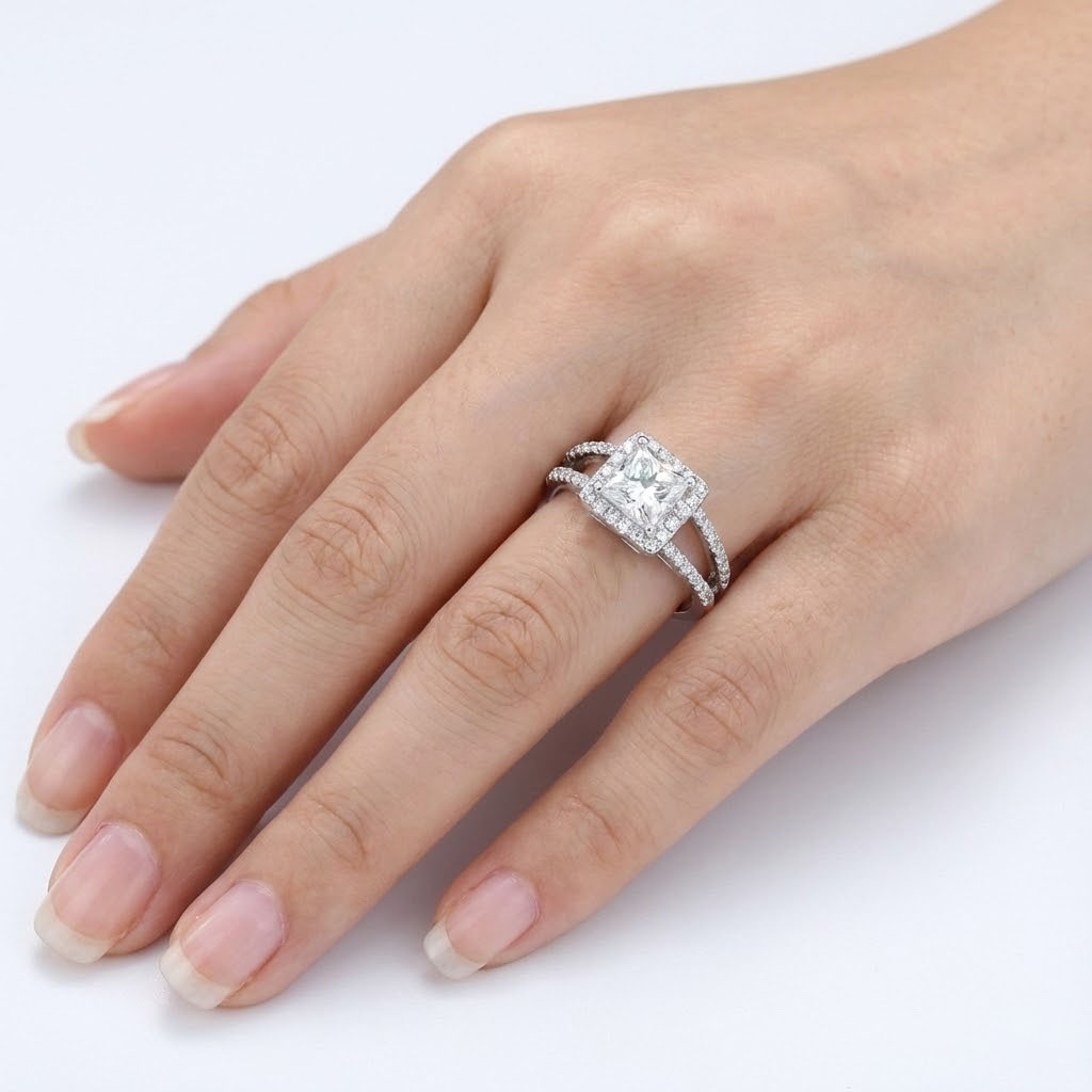 Engagement Ring 14K White Gold Halo 2.76 Carat Princess Lab-Grown Diamond E VS2