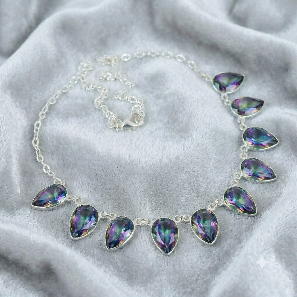 Rainbow Mystic Topaz Gemstone 925 Sterling Silver Jewelry Necklace Size-17-18″