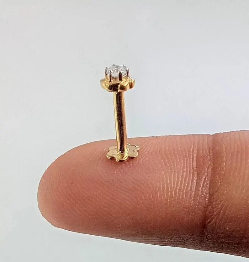 0.05 Ct Round Cut Lab Grown Diamond Nose Piercing Stud Pin 14K Yellow Gold