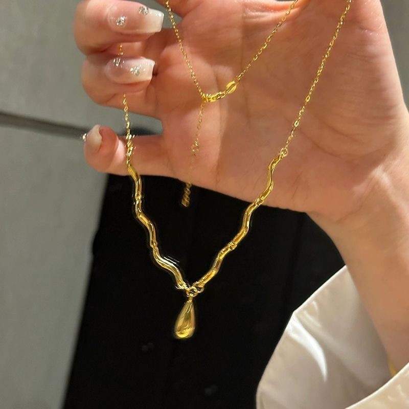 Gold Plated Curved Wave Glossy Water Drop Pendant Splice Link Choker Necklace