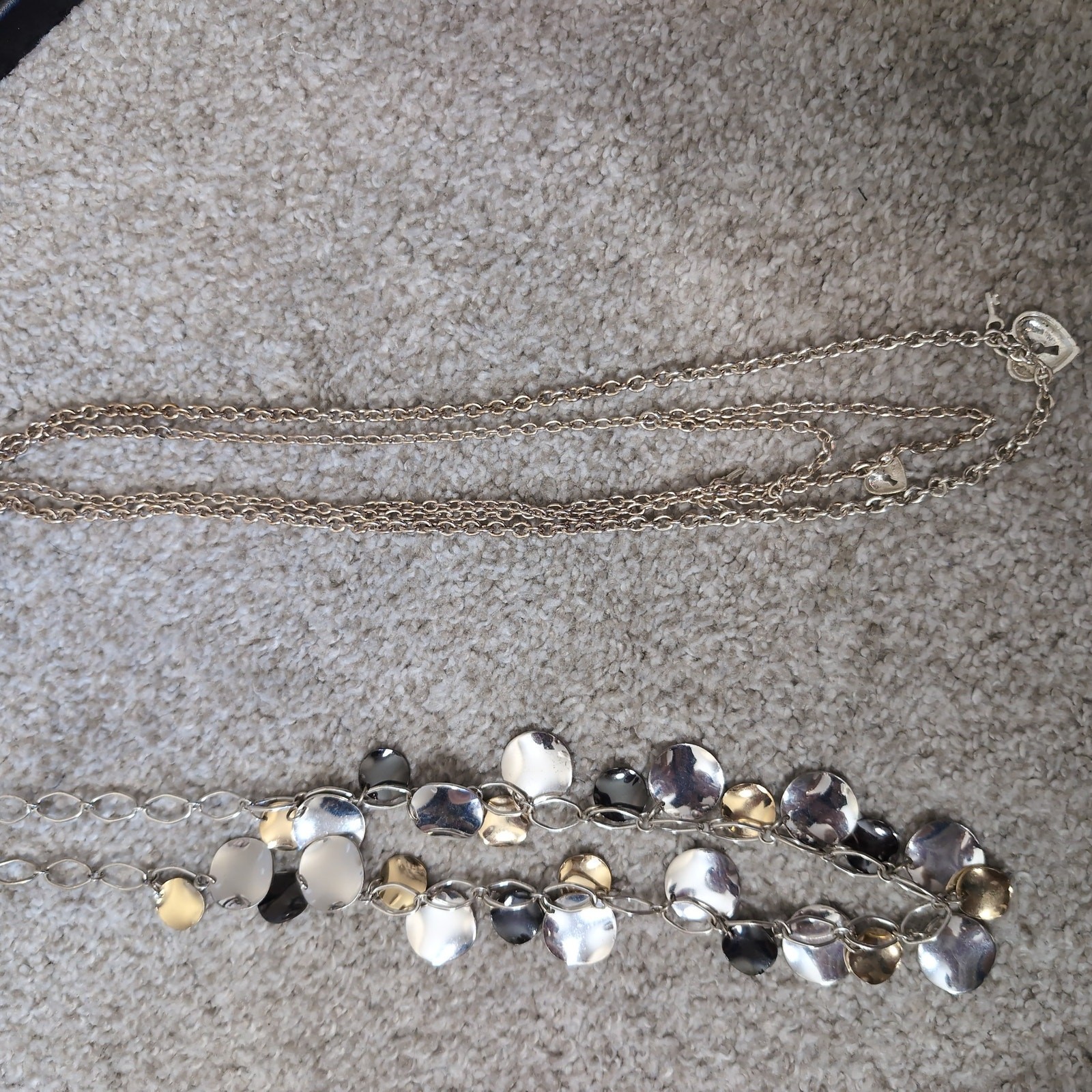 Layered Silver Tone Disc And Heart Charm Necklace Set
