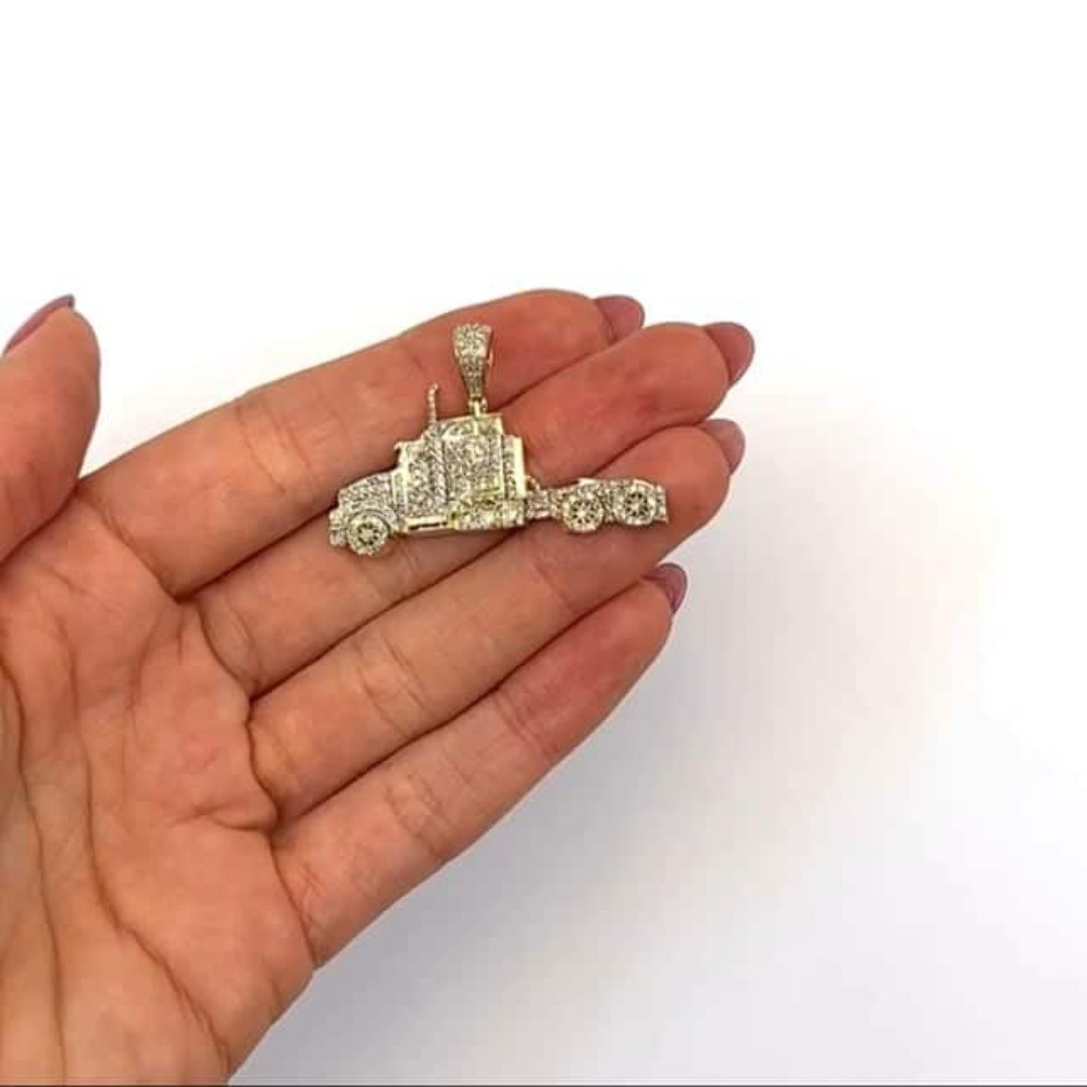 0.85CTW Real Diamond 10K Real Gold Semi Trailer Truck Pendant 1″