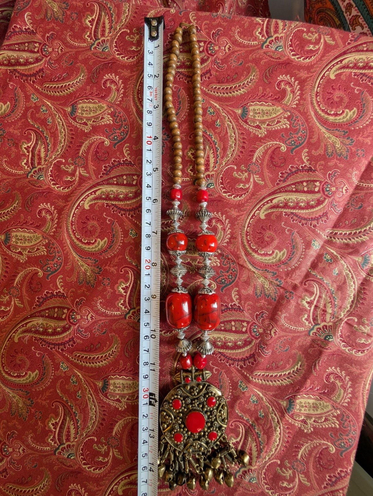 Antique Red Stone Silver-tone Yemeni Warrior Necklace Brass Finish History Art