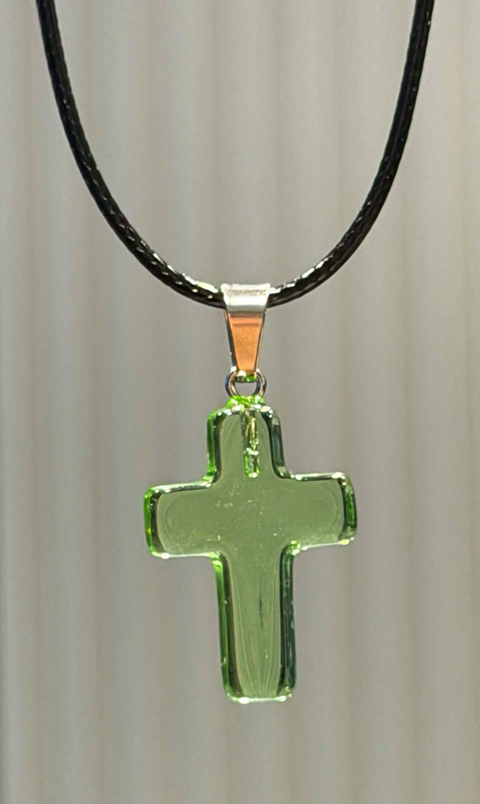 Green Glass Cross Charm Pendant Necklace Silver Tone Black Cord Religious