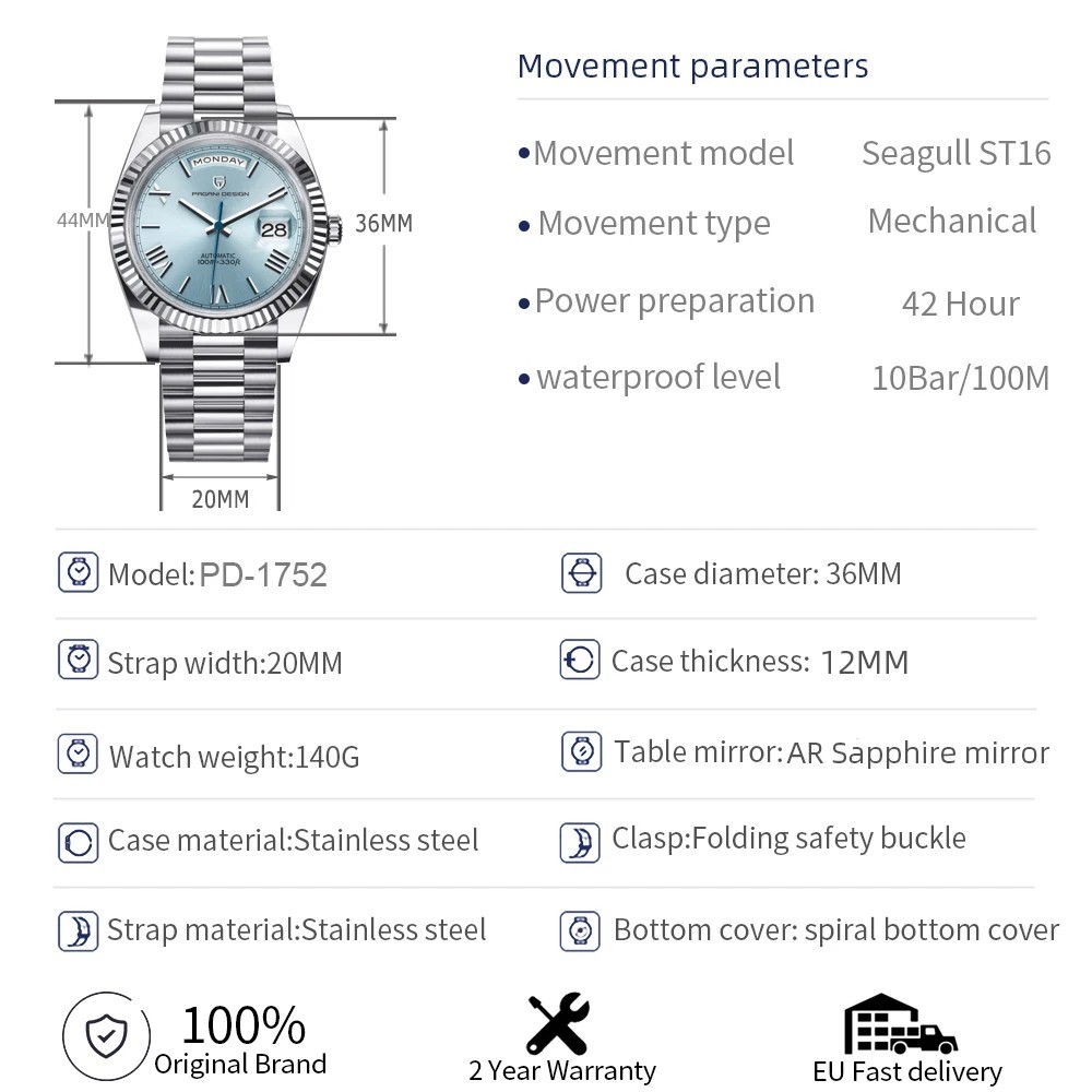 PAGANI DESIGN PD1752 Sky Blue Dial Automatic Stainless Steel Luxury Men’s Watch
