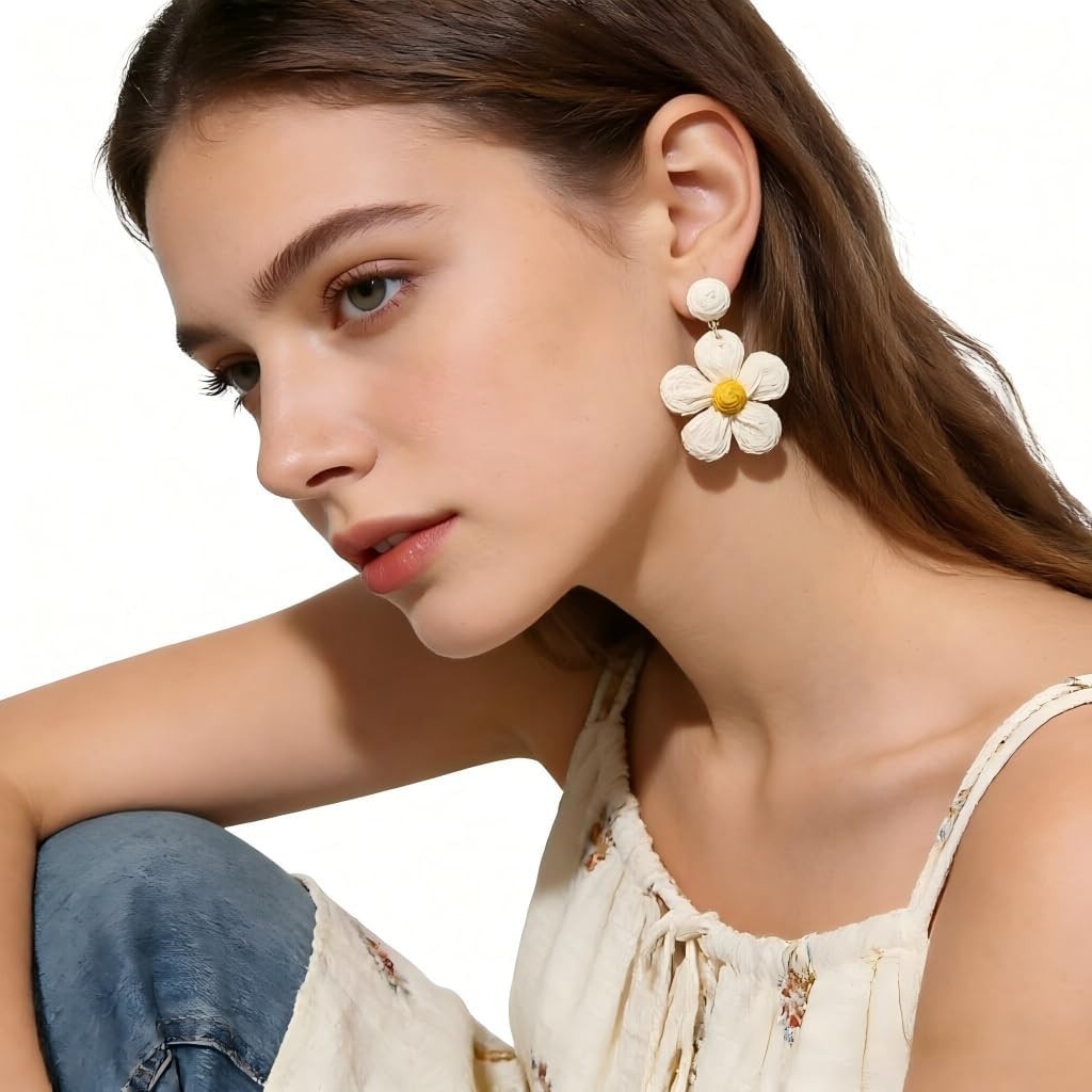 Rattan Flower Drop Earrings Raffia Straw Dangle Beach Jewelry Women