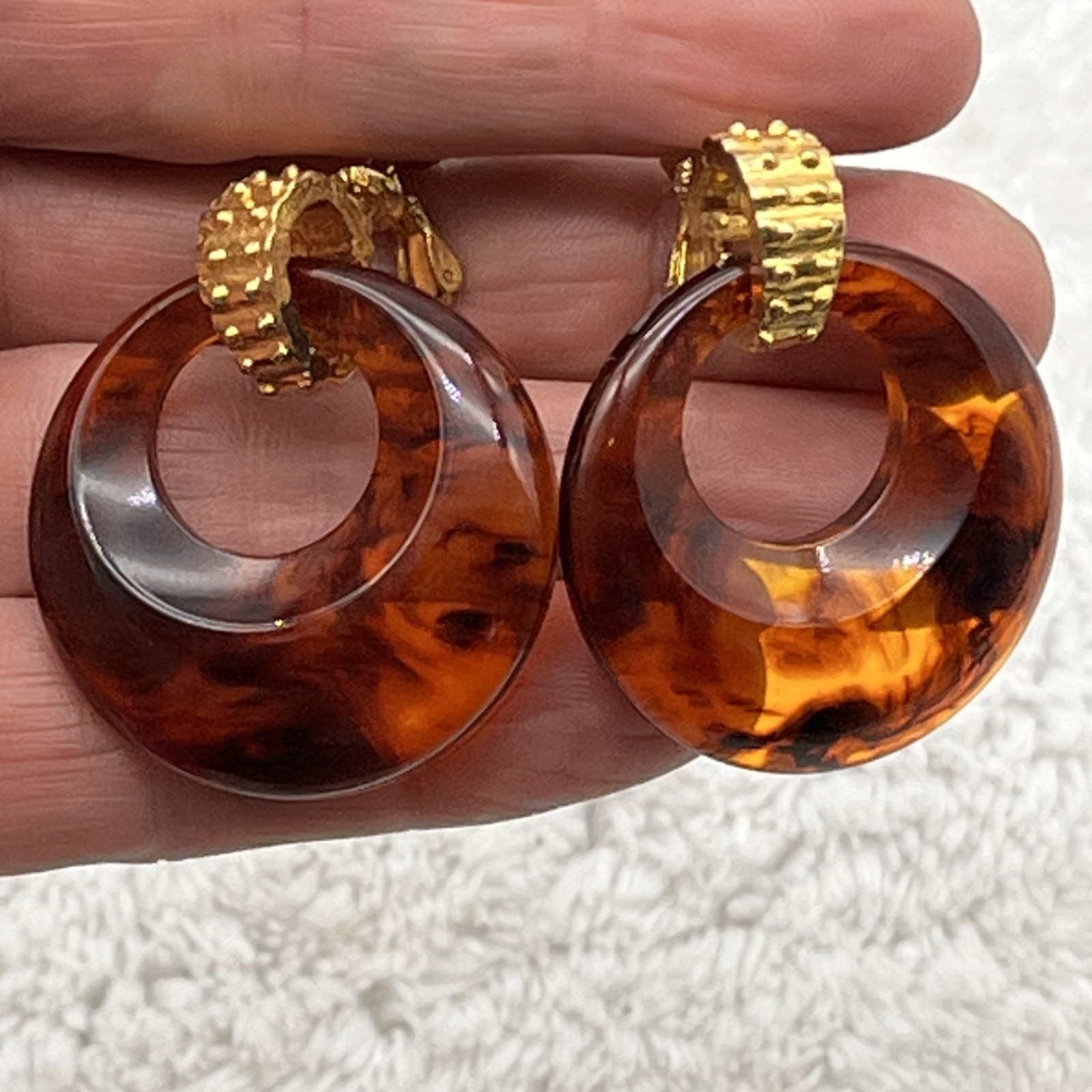 Vintage Door Knocker Earrings Accessocraft Screw Backs Faux Tortoise Lucite 2″