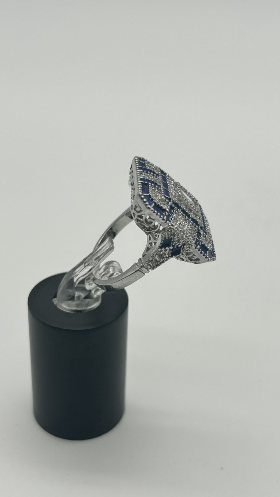 ✨ Silver Tone Art Deco Style Cocktail Ring – Sapphire Blue & Clear CZ – Size 7 –