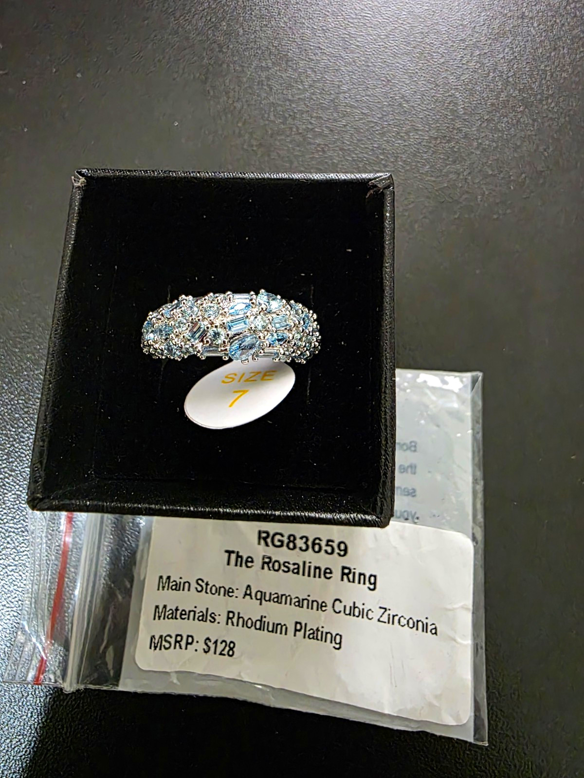 Rhodium Plated Silver Band Ring Aquamarine CZ Size 7 RG83659