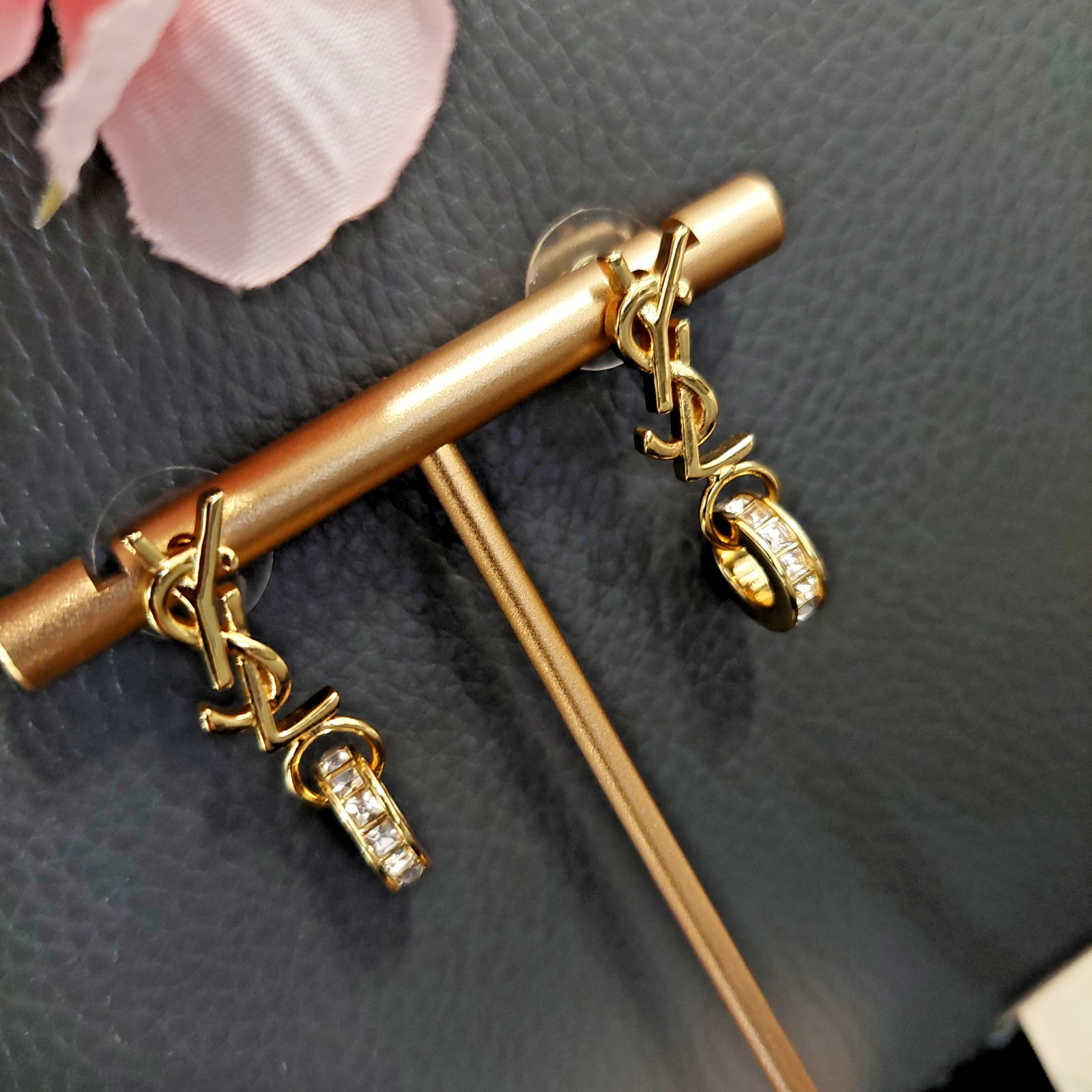 Auth. YVES SAINT LAURENT YSL LOGO Stud CRYSTAL Ring Drop EARRINGS Gold Tone